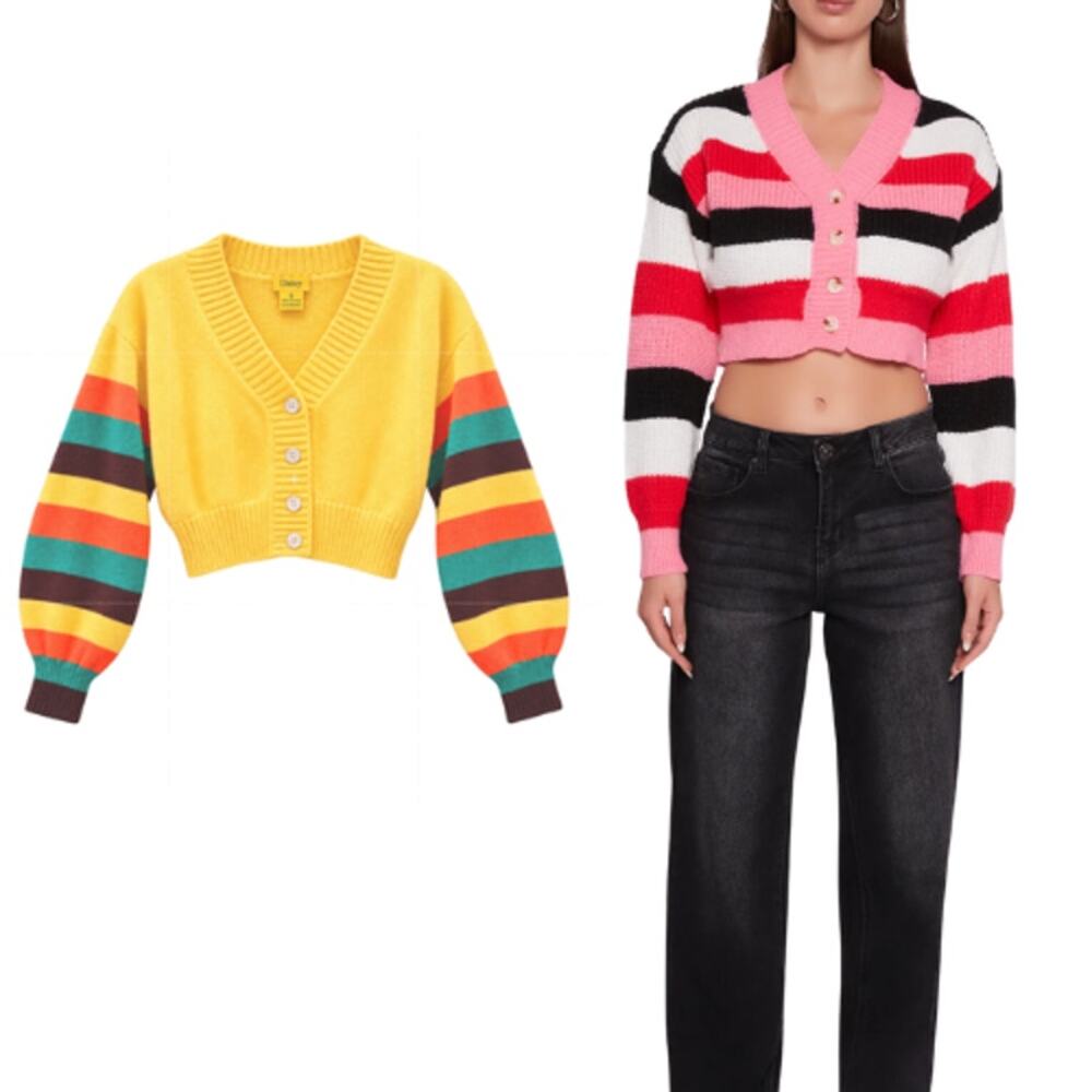 Daisy V Neck Cropped Retro Striped Long Sleeves Cardigan Multicolor L NWT Y2K